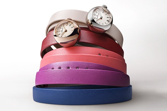 Two Lady B watches on stacked coloured leather straps