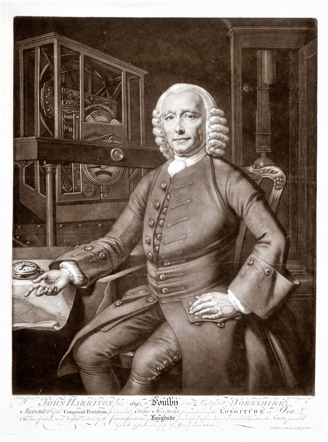 Eighteenth-century engraved portrait of John Harrison seated beside his H3 timekeeper