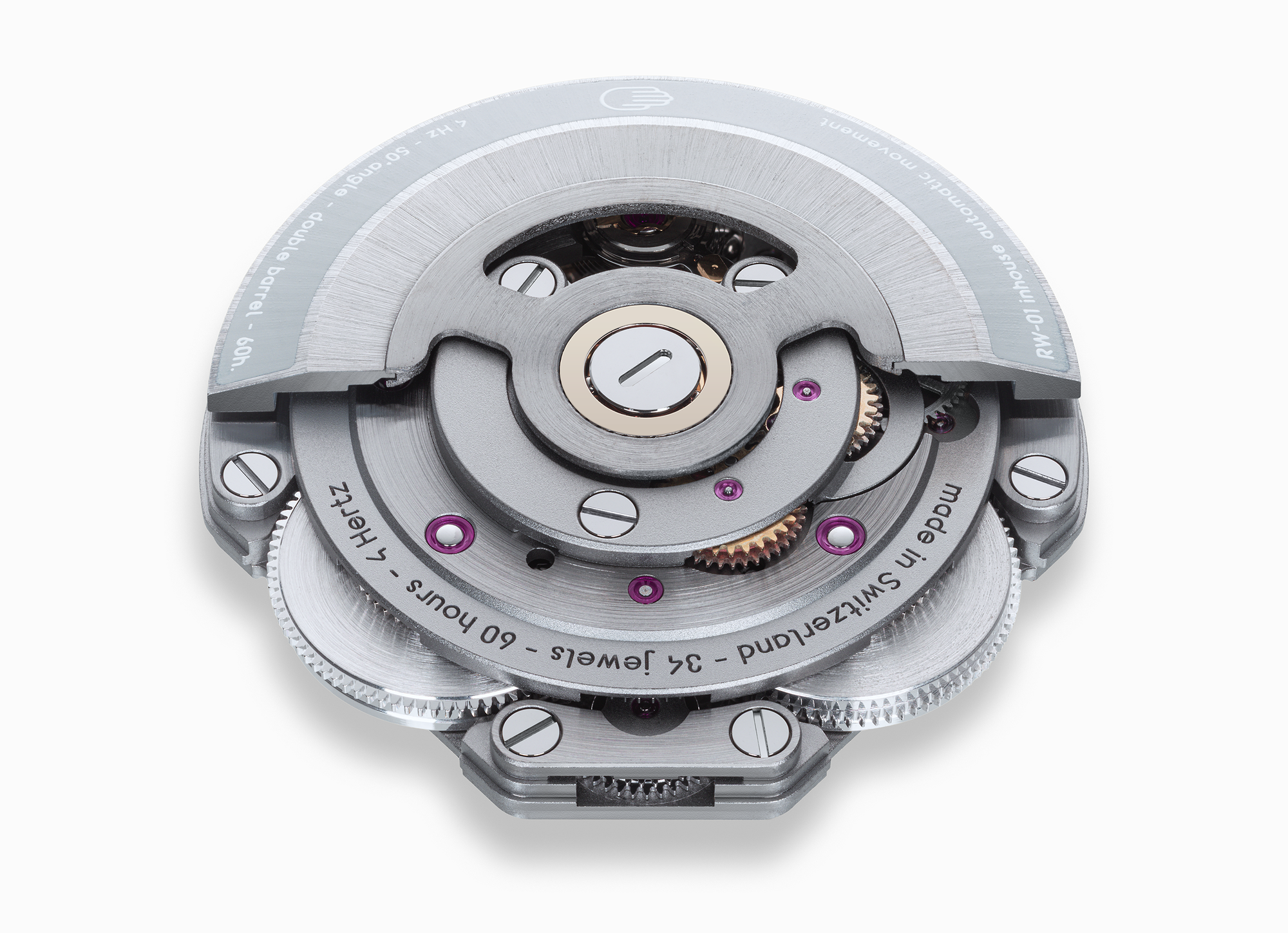 The RW-01 movement seen at an angle with its rotor