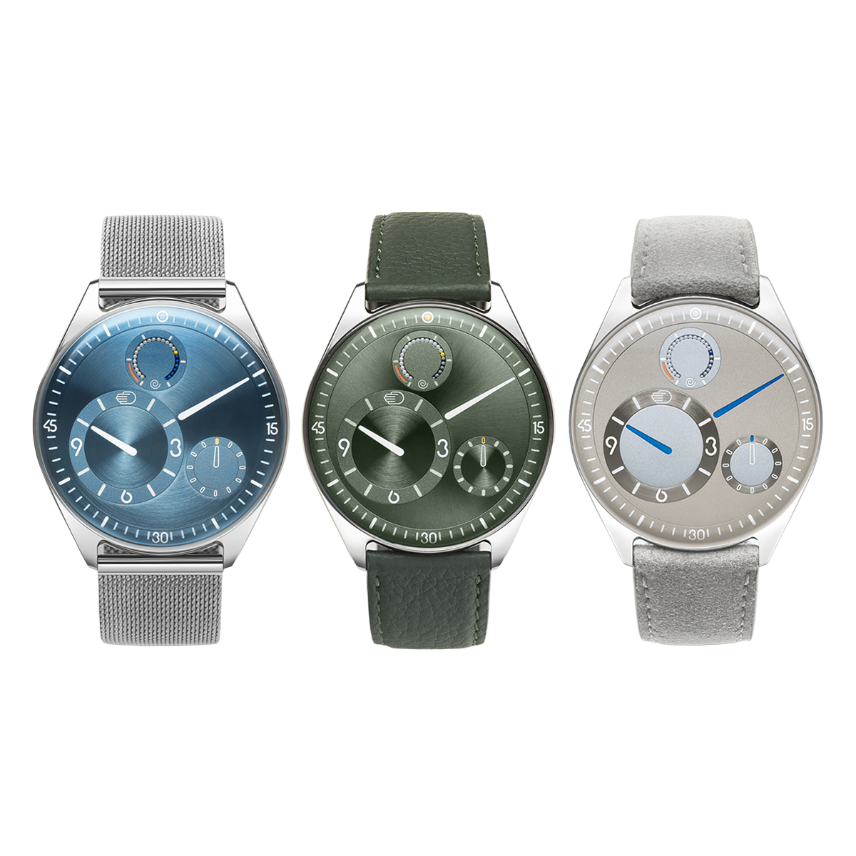 Three Ressence TYPE 11 watches in blue, green and silver