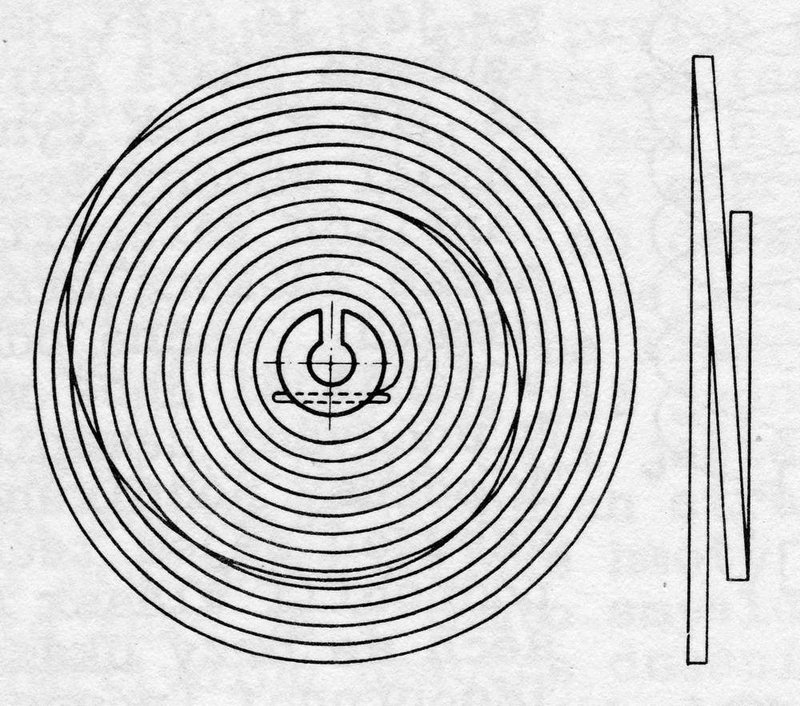 Line drawing of a spiral hairspring with its outer coil raised and bent over the rest
