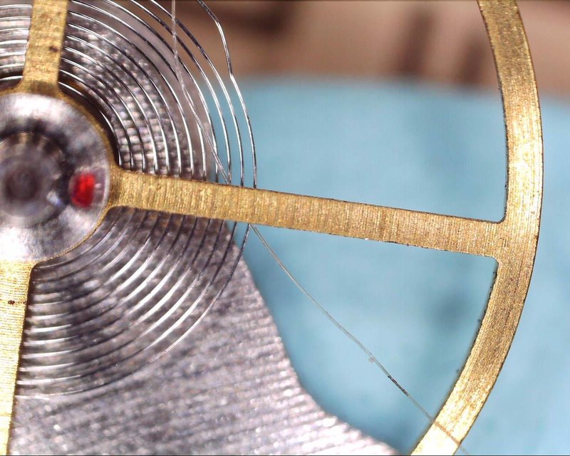 Macro photo of a watch balance and hairspring with a grey human hair lying across it for scale
