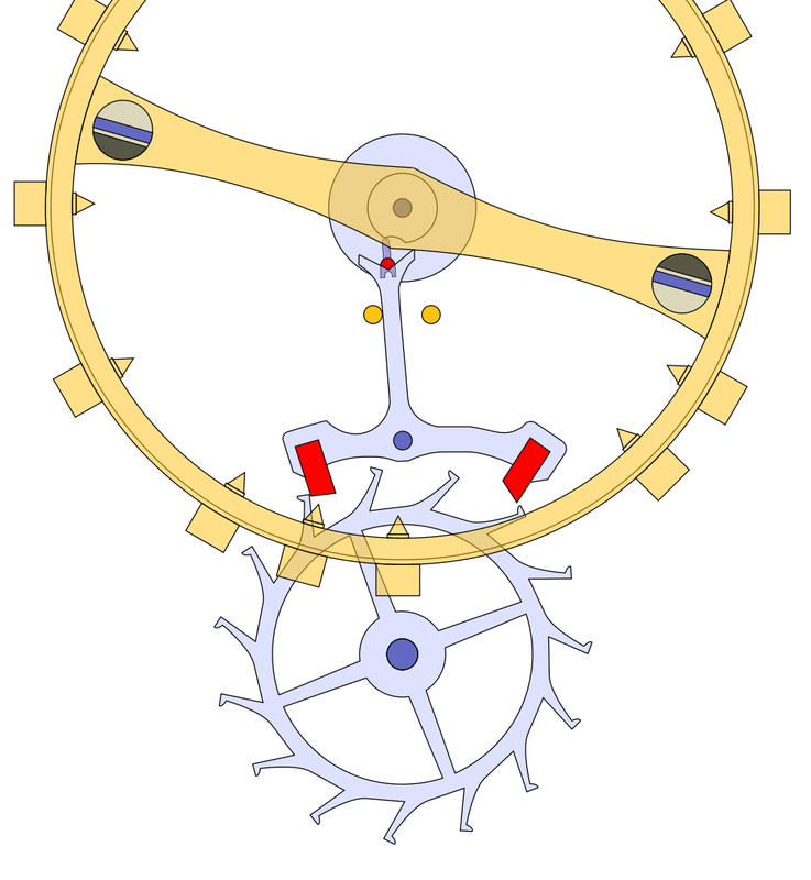 Diagram of a lever escapement, phase one, with an escape wheel tooth resting on the entry pallet