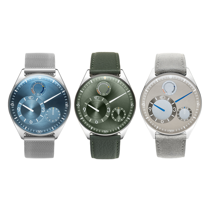 Three Ressence TYPE 11 watches in blue, green and silver